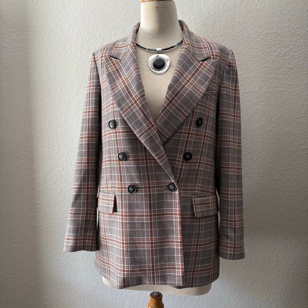 FREE PEOPLE Women’s Double Breasted Micro-Plaid Brown/Orange Blazer Sz M Classic